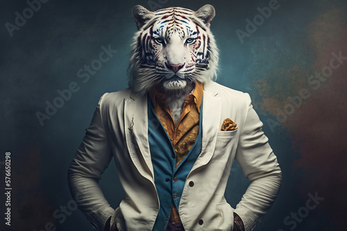 Portrait of a White Tiger Dressed in a Colorful Suit  Creative Stock Image of Animals in Business Suit. Generative AI