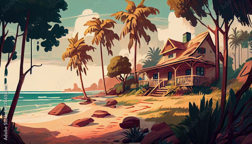 Sea and ocean, beach with palm trees. natural landscape. Seascape. Beautiful landscape of nature. Cottage house by the sea, apartments by the ocean beach. generative ai
