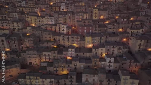 Aerial view of Gangi, a town on the hill at night, Sicily, Italy.