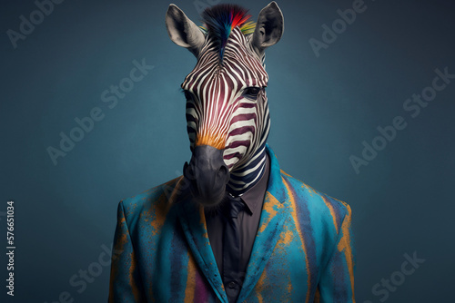 Portrait of a Zebra Dressed in a Colorful Suit  Creative Stock Image of Animals in Business Suit. Generative AI