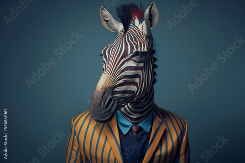 Portrait of a Zebra Dressed in a Colorful Suit  Creative Stock Image of Animals in Business Suit. Generative AI