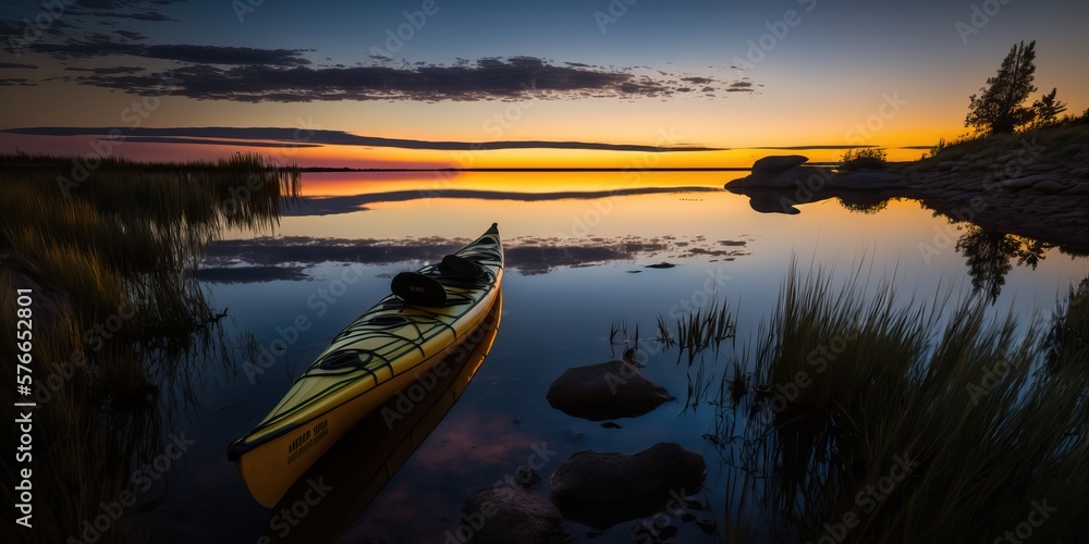 Obraz premium Kayak in a Beautiful Setting, Sunset, Sunlight, Lake, Generative AI