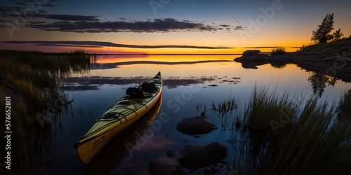 Kayak in a Beautiful Setting, Sunset, Sunlight, Lake, Generative AI