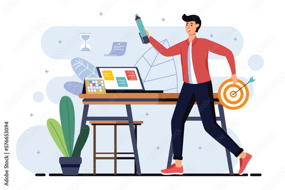 Planning minimalistic concept with people scene in the flat cartoon style. Man plans his working day to focus his attention on the main thing. Vector illustration.