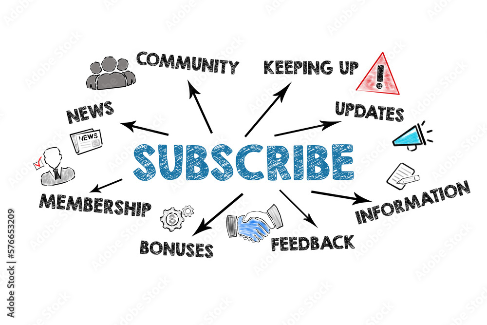 SUBSCRIBE Concept. Illustrated Chart with icons, keywords and arrows on a white background