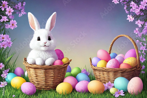 Happy Easter smiling bunny in a basket with Easter eggs. Generative AI