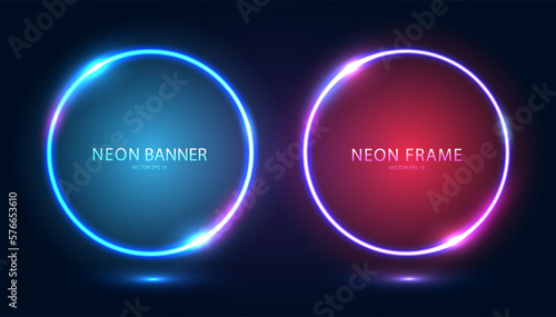 A set of round neon frames with shining effects and highlights on a dark background. Futuristic modern neon glowing banners. Vector illustration.