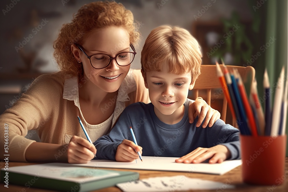 A mother helps her son complete his homework at home. Ai generated. A mother helps her son complete his homework at home. Ai generated.