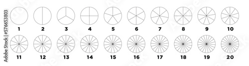 segmented circles set isolated on white background.Different numbers of sectors divide the circle in equal parts. Black thin line graphics..