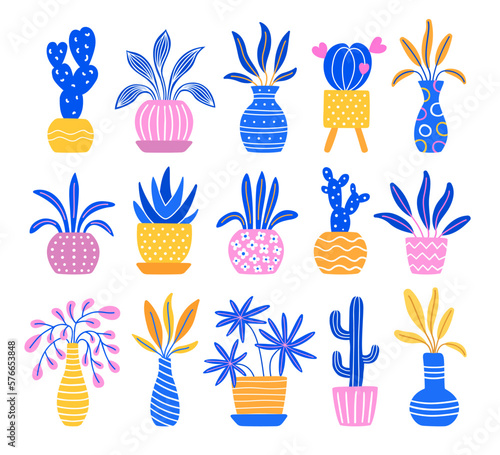 Set of colorful potted plants and bouquets in vases. Home flower growing collection. EPS 10 vector houseplant hand drawn flat illustration.