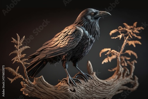 A large raven perches atop a branch, its black feathers and sharp beak making it stand out in the wildlife. Ai generated.