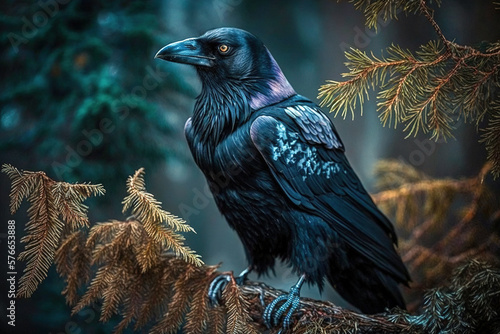 A large raven perches atop a branch, its black feathers and sharp beak making it stand out in the wildlife. Ai generated.