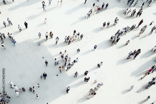 Fotografie, Obraz Aerial view of a crowd walking on a white background, unrecognizable people