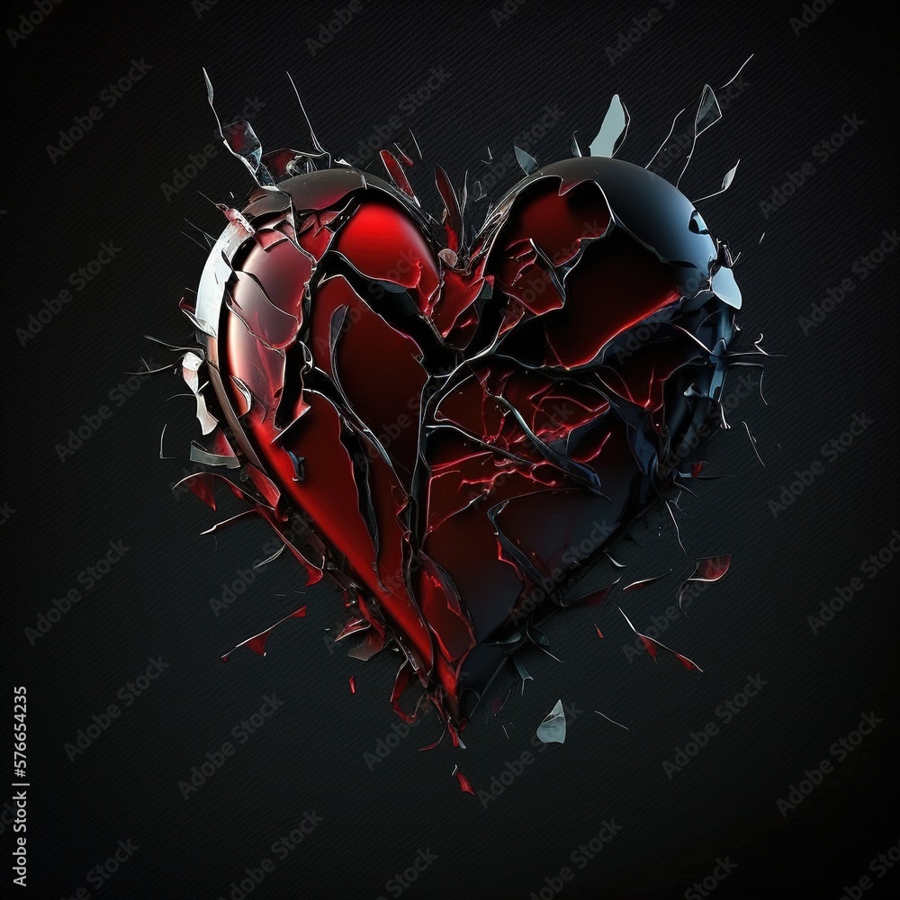 Design of a glass heart broken into pieces, isolated on black