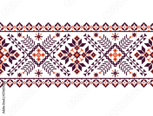 Vector illustration of Ukrainian folk seamless pattern ornament. Ethnic ornament. Border element. Traditional Ukrainian, folk art knitted embroidery pattern - Vyshyvanka