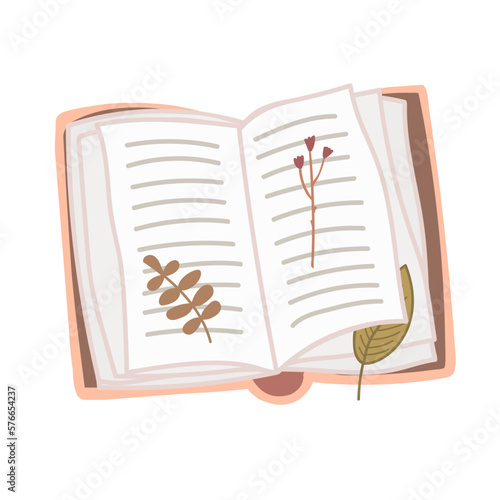 Vintage old open book with dried leaves and flowers isolated on white background. Hand drawn vector illustration