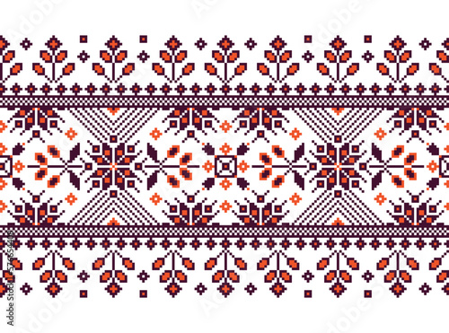 Vector illustration of Ukrainian folk seamless pattern ornament. Ethnic ornament. Border element. Traditional Ukrainian, folk art knitted embroidery pattern - Vyshyvanka