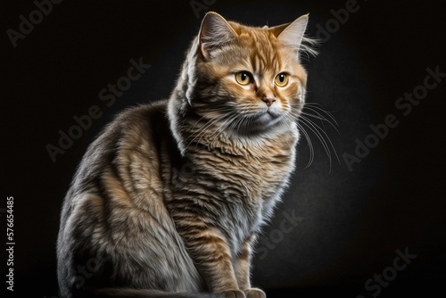 Portrait of a furry, calm cat posing on a black background. Ai generated.