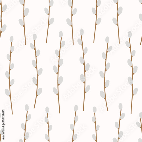 Hand drawn cute spring botany seamless pattern of willow branches. Flat vector Easter abstract design print design in colorful doodle style. Repeated background, wrapping or wallpaper.
