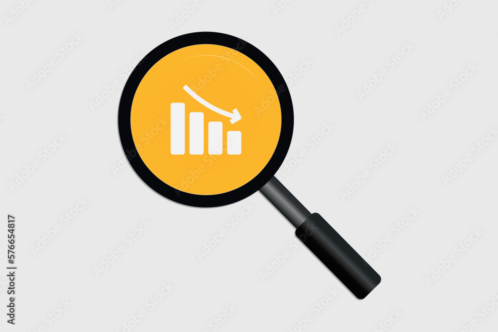 Arrow down line chart with magnifying glass vector Arrow down line chart with magnifying glass vector