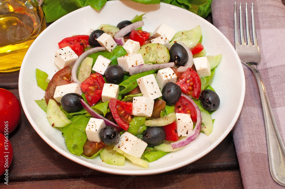 Greek salad with fresh vegetables closeup Greek salad with fresh vegetables closeup