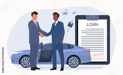 The concept of a deal to sell a car through a loan. White and black men shake hands in front of a car and a loan agreement. Vector illustration.