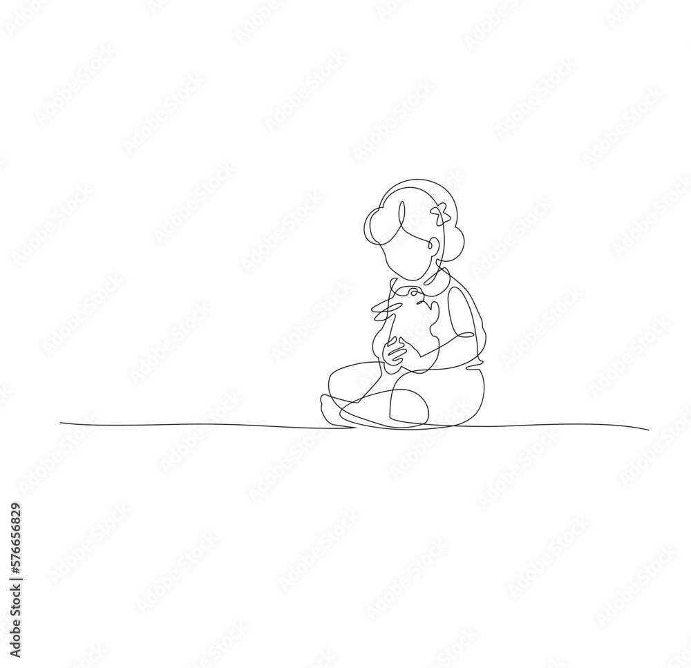 Girl and bunny, rabbit. Continuous line art drawing, vector illustration, black and white Girl and bunny, rabbit. Continuous line art drawing, vector illustration, black and white