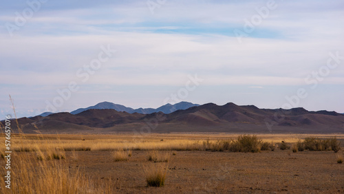 Rocky desert landscape with sparse vegetation and mountains peaks in a blue haze. Typical landscape near at Nepal Tibet border. Flat dry desert with mountains. © eskstock