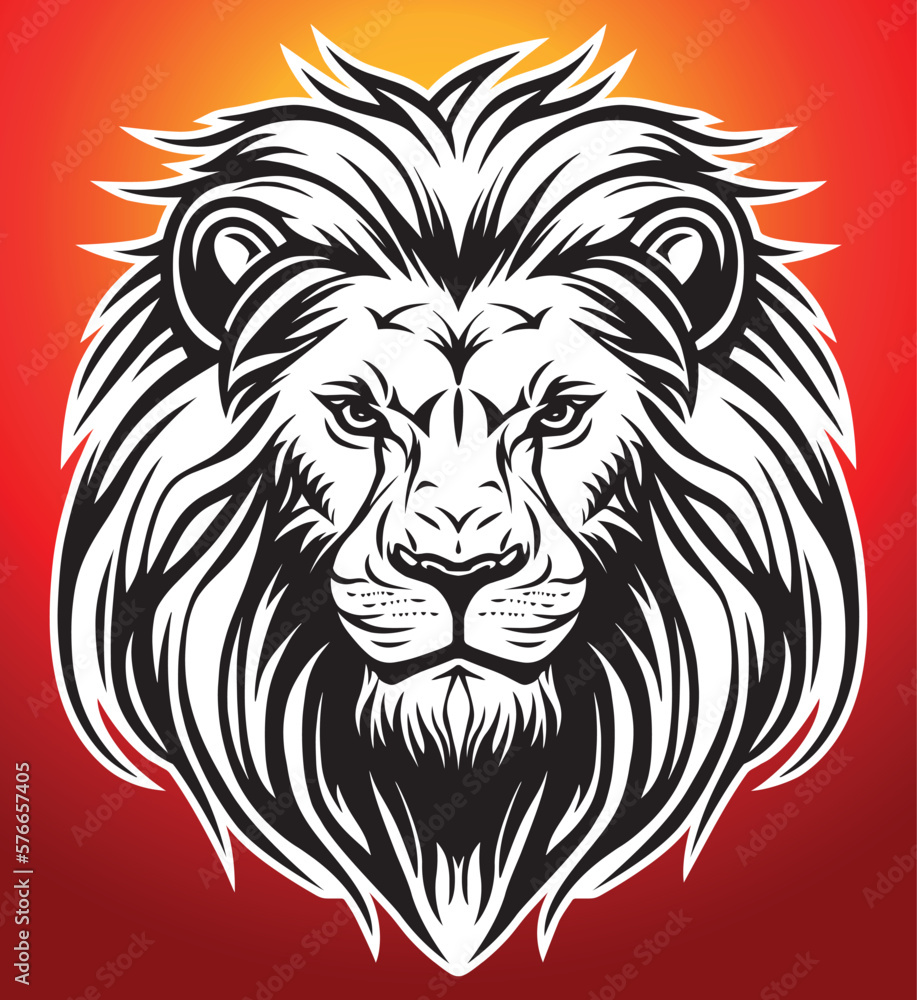 Lion face front view vector art image logo template, sticker and tattoo design on dark background.