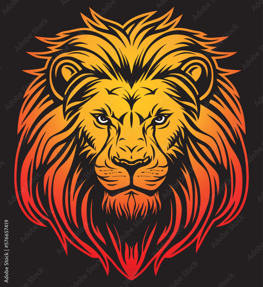 Lion head vector line art illustration isolated on black background. Lion face and mane logo and tattoo design.