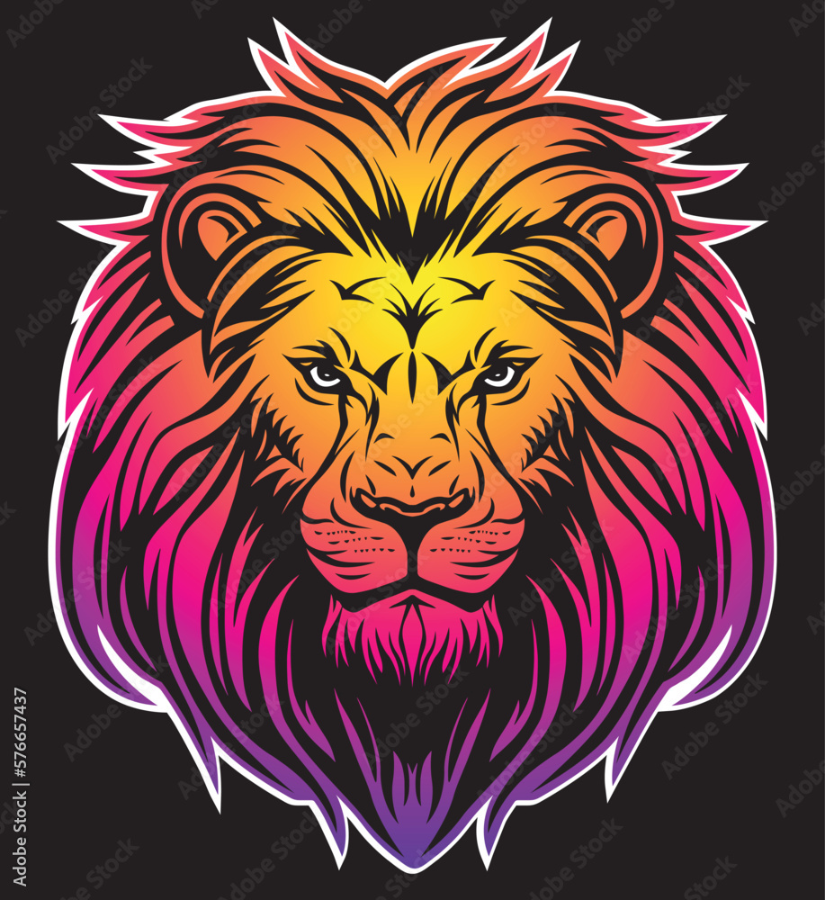 Lion head vector line art illustration isolated on dark background. Lion face and mane logo design.