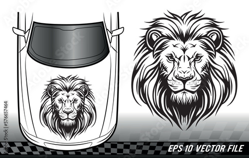 Lion head car hood race car body vinyl sticker vector eps file. Lion face bonnet sport car decal. Decoration for cars, auto, truck, boat, suv and motorcycle tank.
