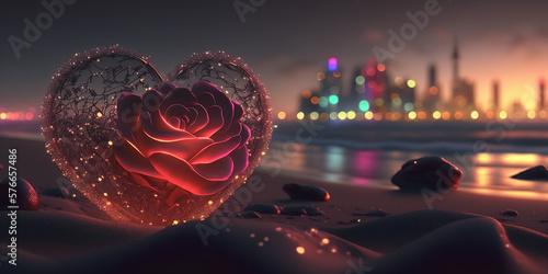 Red rose and heart on the beach