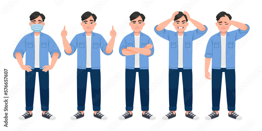 Fototapeta premium White man stands in a protective mask, dissatisfied, with his arms crossed, in sadness, in anger, holding his head with his hands, pointing at something. A young Chinese man in a blue shirt
