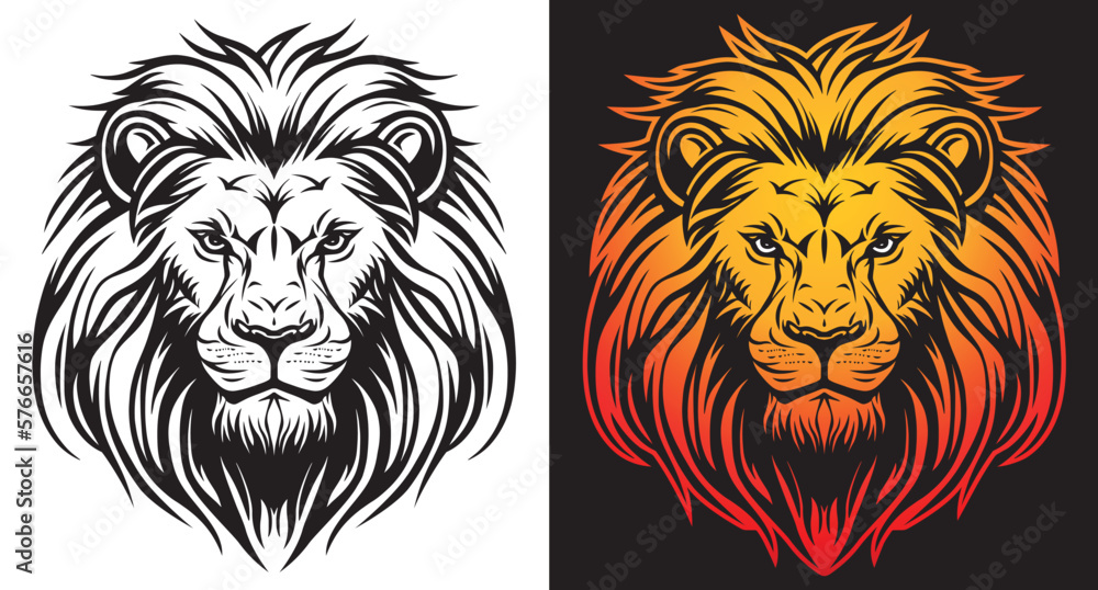Front view lion face vector image on dark background. Lion head line art sticker and logo template. Front view lion face vector image on dark background. Lion head line art sticker and logo template.