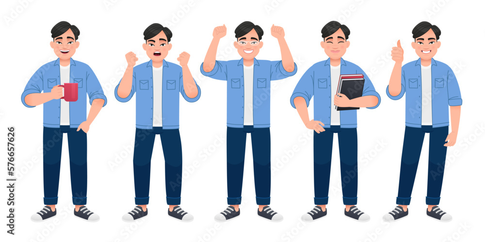 Full-length man is a set of characters. A young Chinese man in a blue shirt, white T-shirt and jeans stands in different poses. A white man is standing with a cup of coffee, with books,
