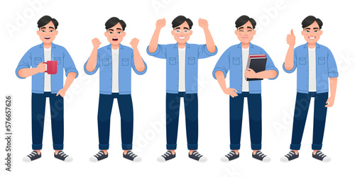 Full-length man is a set of characters. A young Chinese man in a blue shirt, white T-shirt and jeans stands in different poses. A white man is standing with a cup of coffee, with books,