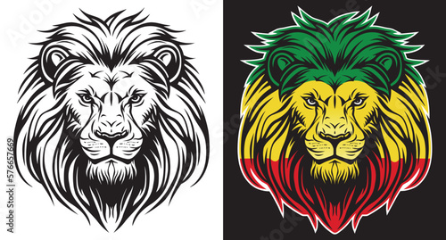 Jamaican reggae rasta lion head front view with rastafarian colors on dark background. Lion of Judah face eps vector art image illustration. photo