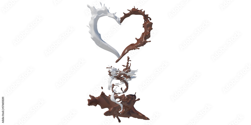 Obraz premium heart shaped coffee or chocolate with milk splashes, drops and blots in the shape of a heart 3d render illustration