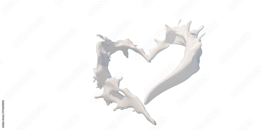 Fototapeta premium Milk heart shaped splashes, drops and blots splash 3d render 