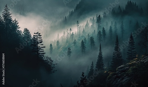  a forest filled with lots of trees covered in fog and mist. generative ai