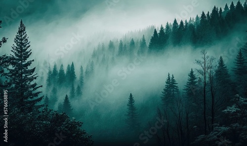  a forest filled with lots of trees covered in fog and mist.  generative ai © Anna