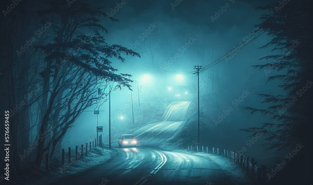 a car driving down a road in the foggy night.  generative ai