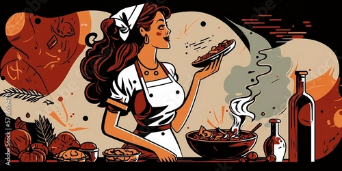woman in kitchen vector illustration, Generative AI.