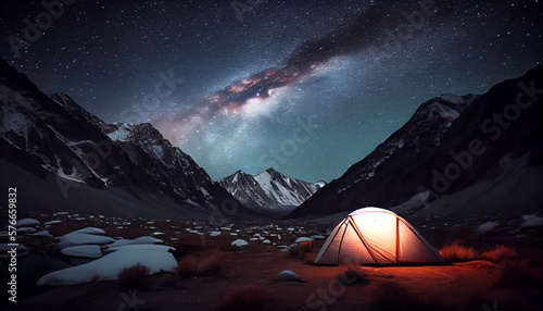 Tent in the mountains under the starry sky. Generative AI