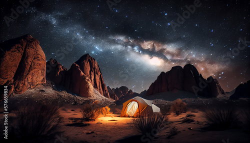 Tent in the mountains under the starry sky. Generative AI