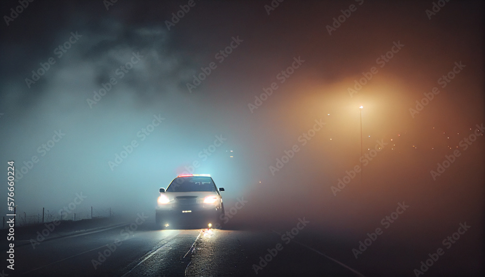 Police cars drive through the fog. Generative AI