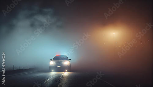 Police cars drive through the fog. Generative AI © Daniel
