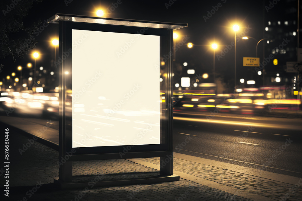 Blank advertising light box for promotion in the city at night Fictitious place. AI generated