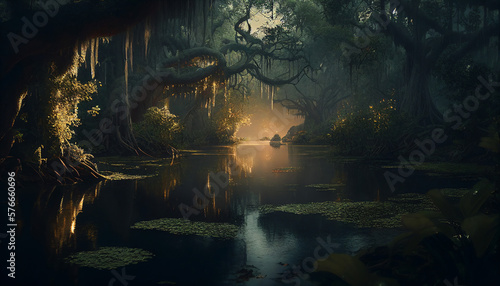 a magical glow-in-the-dark bay in an enchanted New Orleans forest. Generative AI
